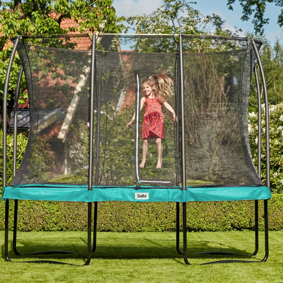 10ft x 7ft Salta Green Rectangular Comfort Edition Trampoline with Enclosure